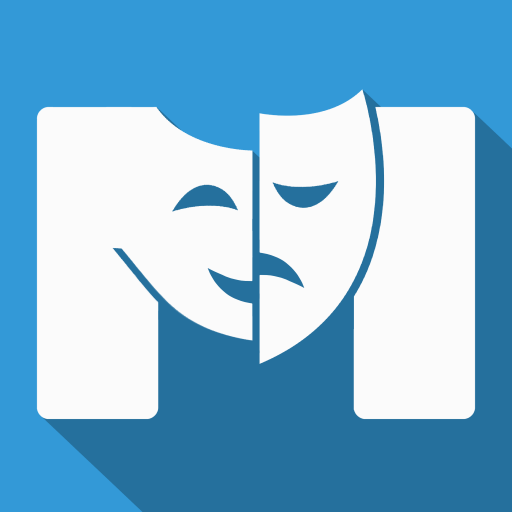 Nova logotipo do Mundo dos Musicais, que consiste em uma letra M na cor branca, que forma duas máscaras, uma sorrindo e uma triste, conhecidas como símbolo do teatro O fundo da imagem é azul.